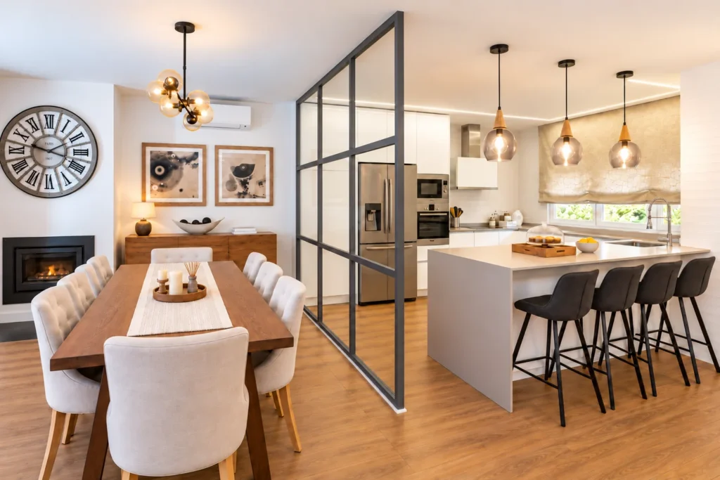 Cocina con isla y taburetes junto a un comedor con sillas blancas, separados por un cerramiento de cristal con perfilería negra.