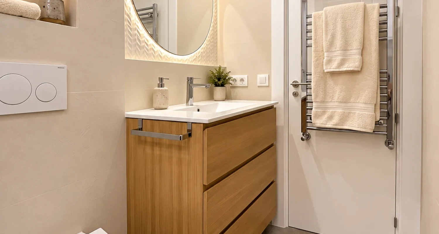 Cuarto de baño moderno con mueble de madera y espejo redondo en calle Doctor Casal Madrid por Global Oltenia