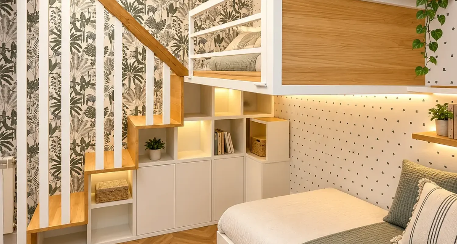 Dormitorio infantil con litera a medida y estanterías en reforma integral calle Doctor Casal Madrid por Global Oltenia