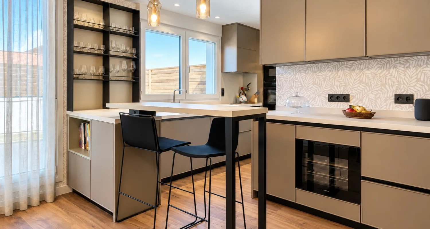 Cocina reformada en ático de Aviador Zorita, Madrid, con cerramiento de cristal, barra de desayuno y mobiliario moderno.