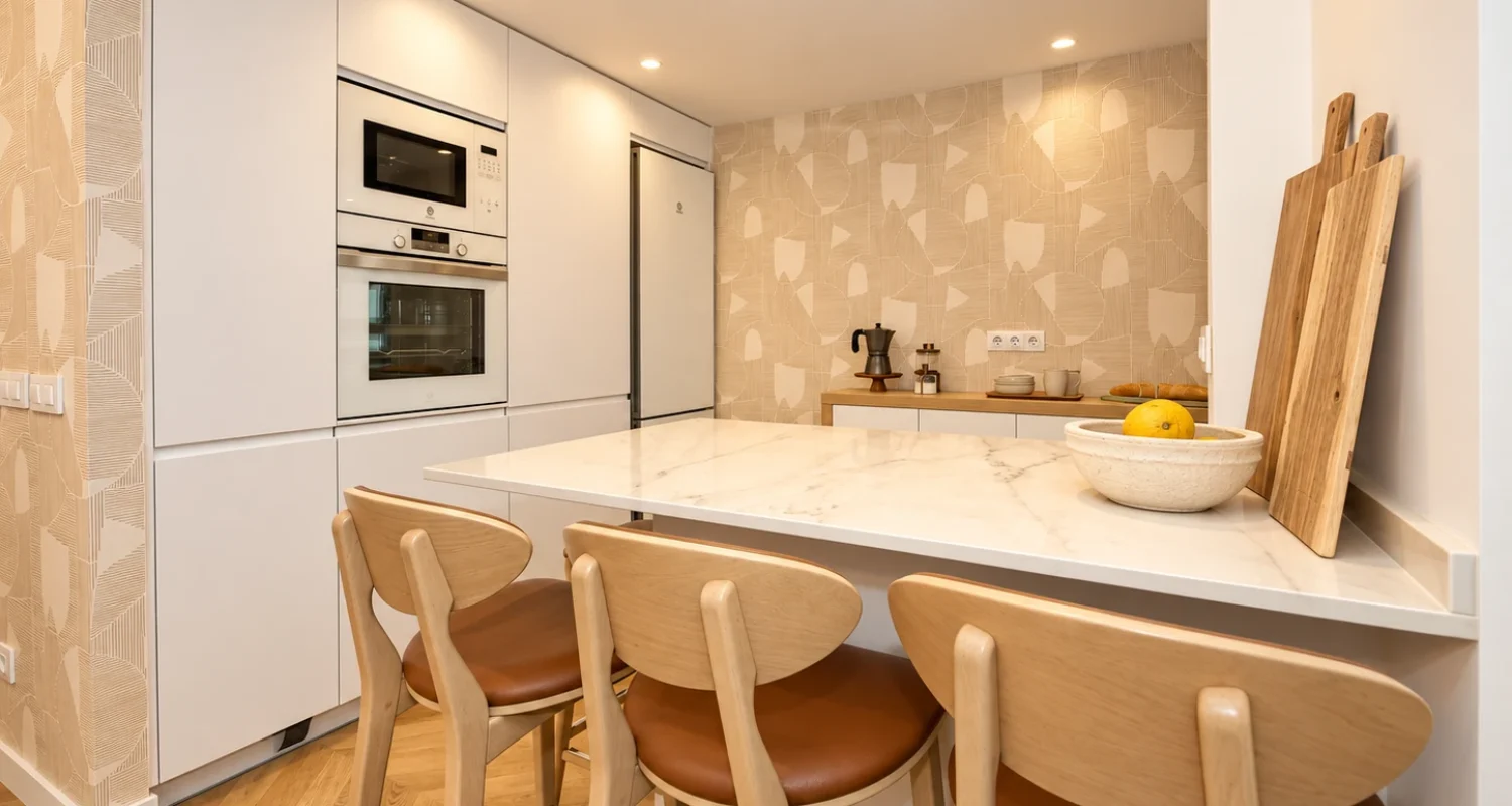 Cocina con isla y taburetes en reforma integral calle Doctor Casal Madrid por Global Oltenia