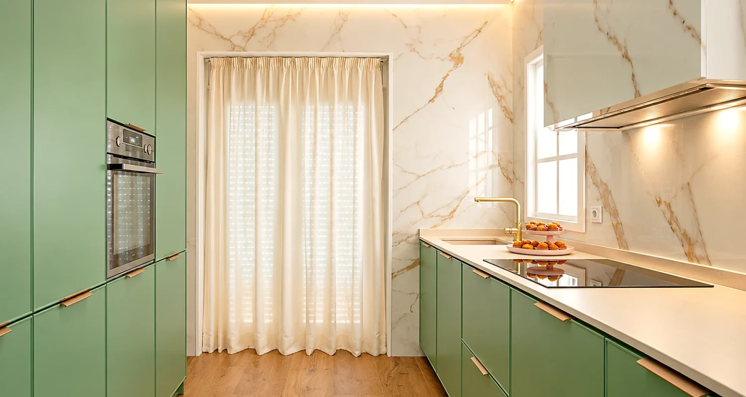 Cocina verde de la reforma integral de piso en Alonso Cano, Madrid, con columna de horno, muebles a medida y revestimiento efecto mármol.