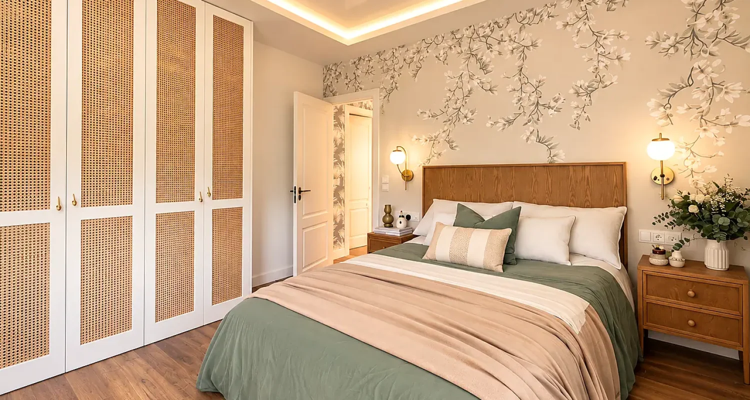 Dormitorio de la reforma integral de piso en Alonso Cano, Madrid, con armario a medida, papel floral e iluminación indirecta.