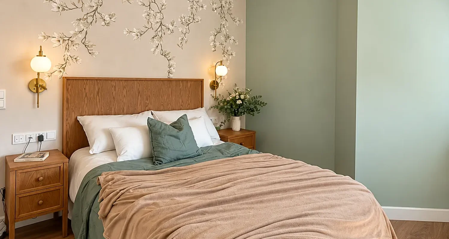 Dormitorio principal de la reforma integral de piso en Alonso Cano, Madrid, con papel floral, cabecero de madera e iluminación indirecta.