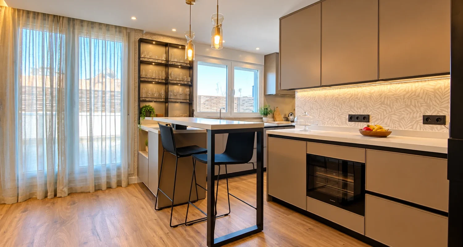 Cocina moderna de ático reformado en Aviador Zorita, Madrid, con muebles de madera, isla central y electrodomésticos integrados.