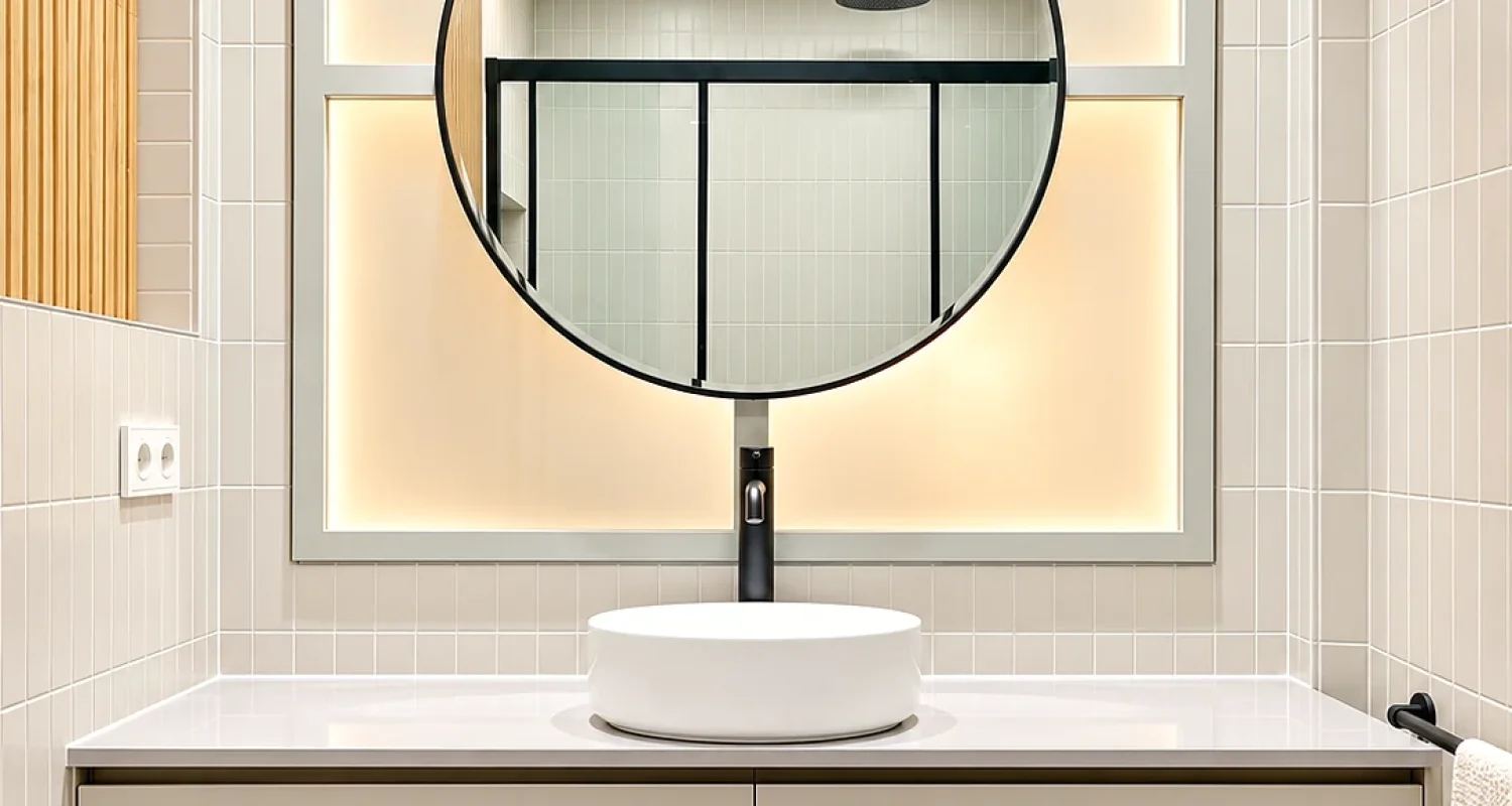 Baño reformado en chalet de Daganzo de Arriba, con espejo circular negro, lavabo sobre encimera, mueble suspendido e iluminación indirecta.