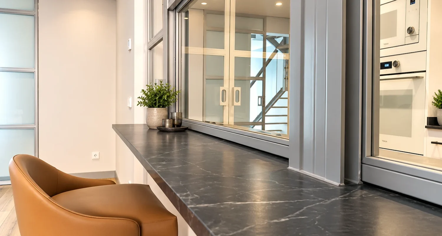 Barra con encimera oscura, taburete y cerramiento de cristal entre cocina y salón en reforma integral de chalet en Daganzo de Arriba.