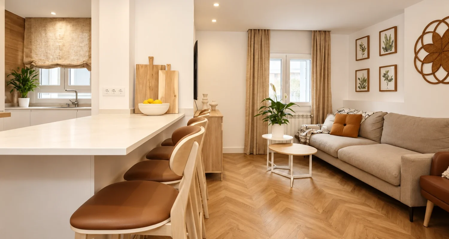 Cocina abierta al salón en reforma integral Madrid por Global Oltenia