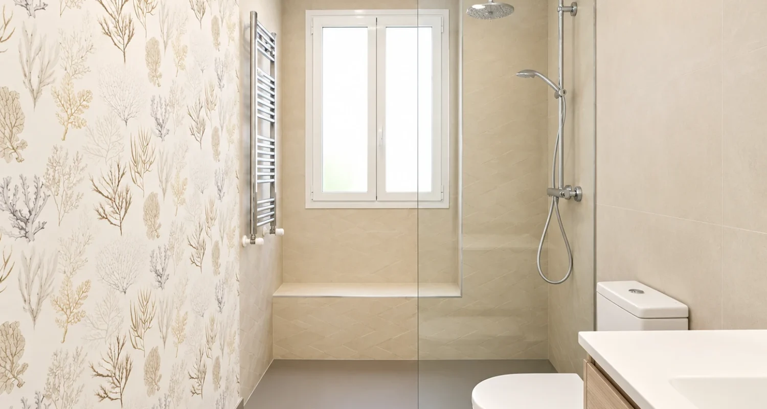 Baño con papel pintado y ducha en reforma integral calle Galileo Madrid