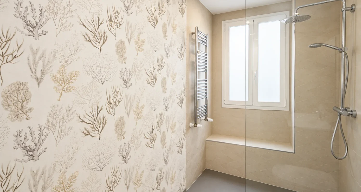 Zona de ducha con pared decorativa en reforma integral calle Galileo Madrid