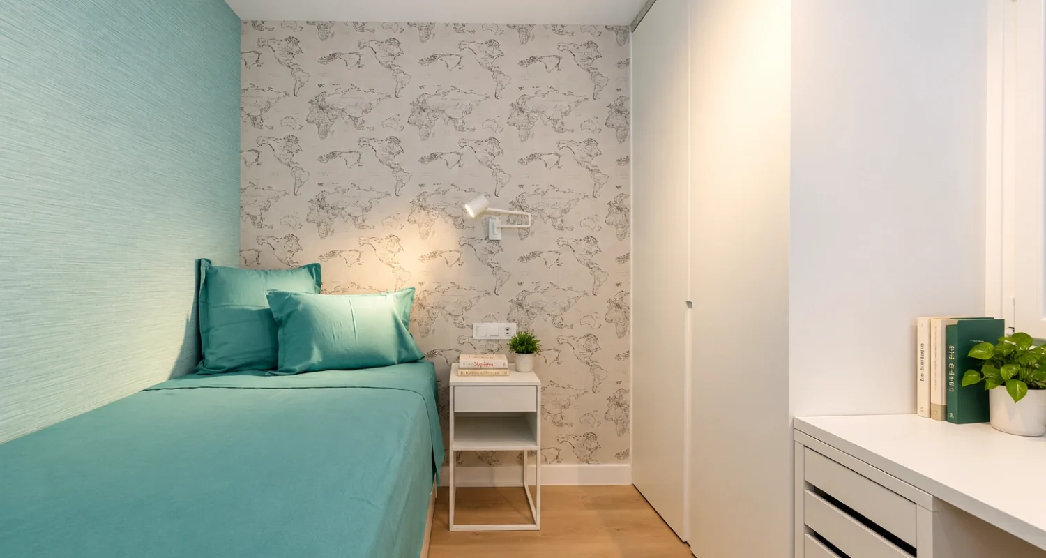 Dormitorio individual en reforma integral de Mejorada del Campo, con cama turquesa, papel pintado de mapamundi y armario blanco.