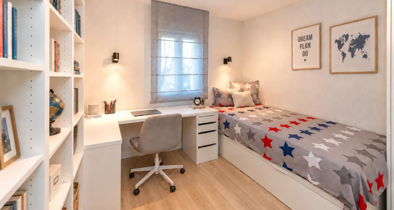 Dormitorio juvenil reformado en Mejorada del Campo, Madrid, con escritorio junto a la ventana, estanterías blancas y cama individual.