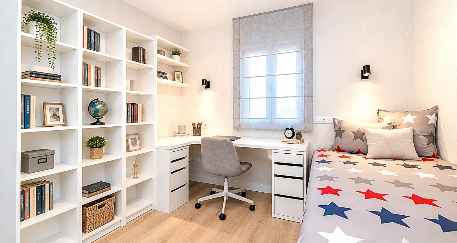 Dormitorio juvenil con estantería y zona de estudio, reformado por Global Oltenia en Mejorada del Campo, Madrid.