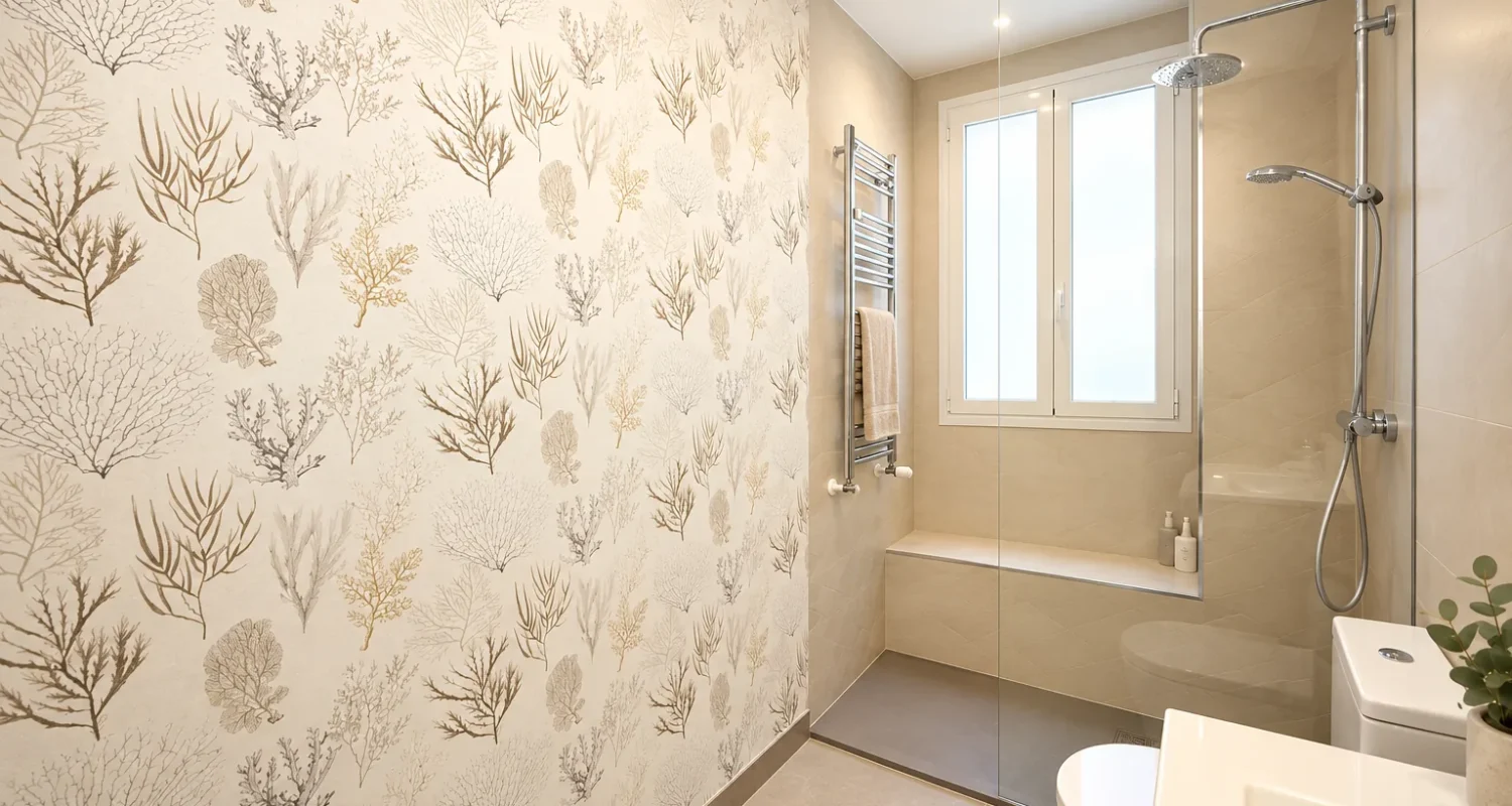 Baño con papel pintado y ducha en reforma integral piso calle Galileo Madrid