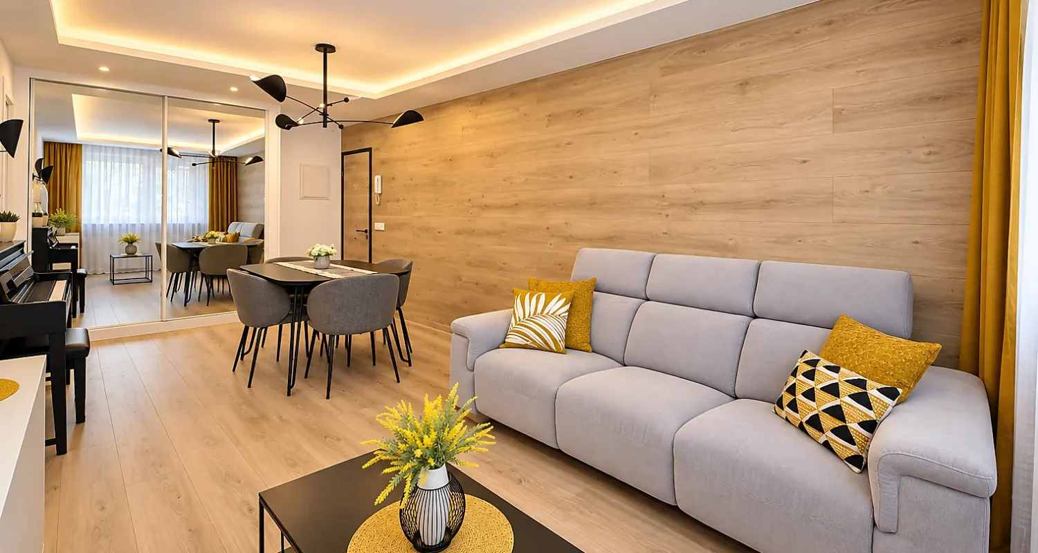 Salón-comedor reformado en Mejorada del Campo por Global Oltenia, con revestimiento de madera, iluminación cálida y zona de comedor. Copiar