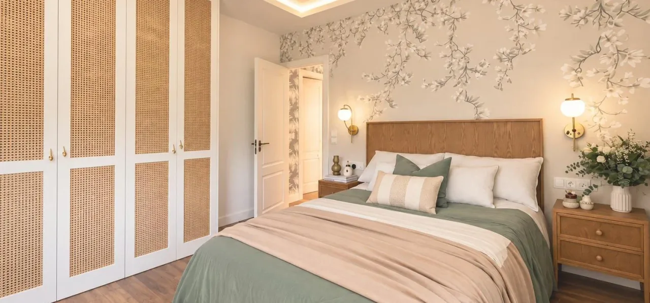 Reforma de dormitorio en Madrid con armario a medida, iluminación indirecta y diseño interior en tonos naturales.