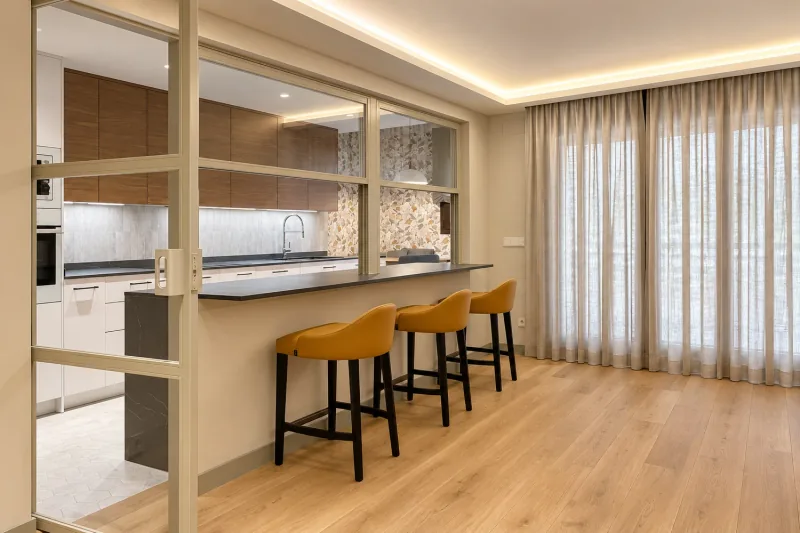 Cocina semiabierta con cerramiento de cristal, barra con taburetes mostaza y suelo de madera.