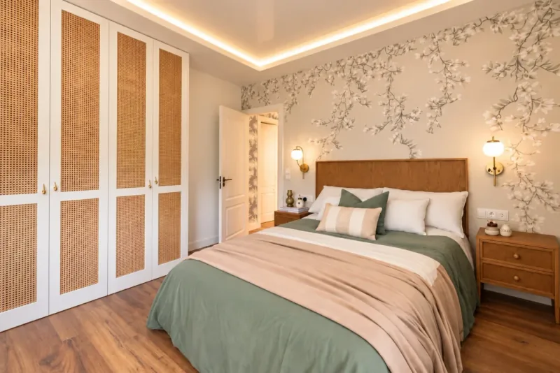 Dormitorio con cabecero de madera, ropa de cama verde, armario en blanco y madera e iluminación indirecta en el techo.